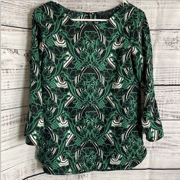 J.Crew Top Womens Size 0 Blouse Green 3/4 Sleeve Retro Floral Popover Round Neck - Picture 1 of 12